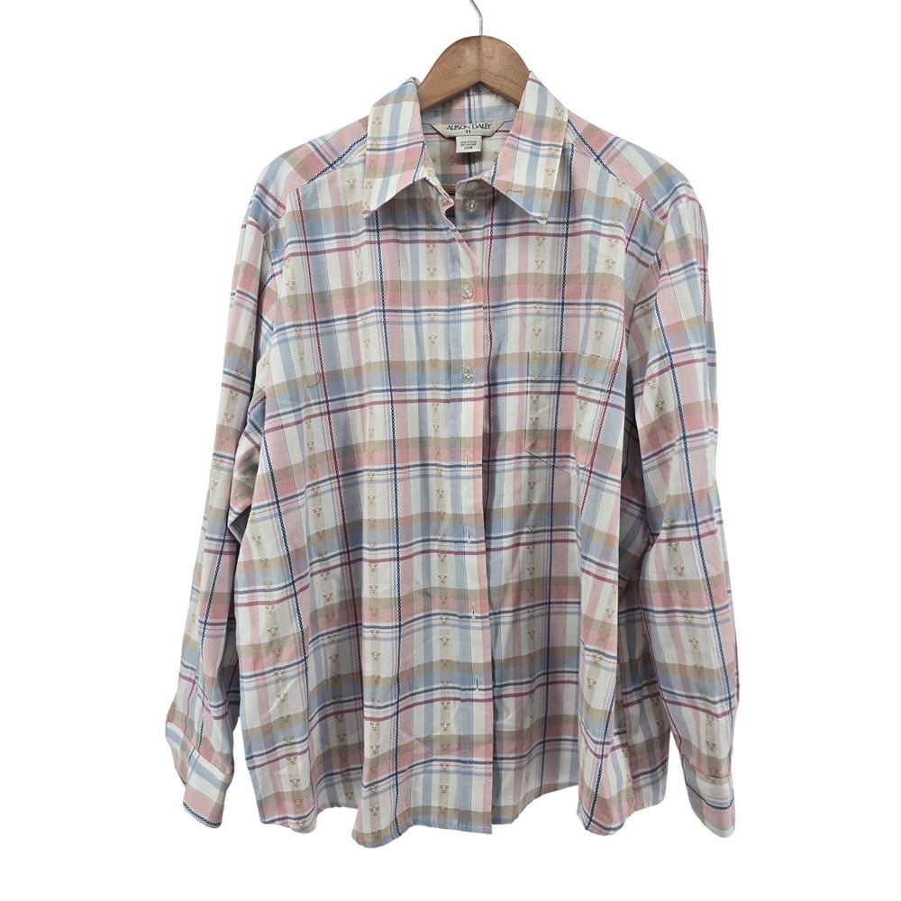 Allison Daley Button Front Shirt Womens 20W Pink Blue Plaid Embroidered Classic